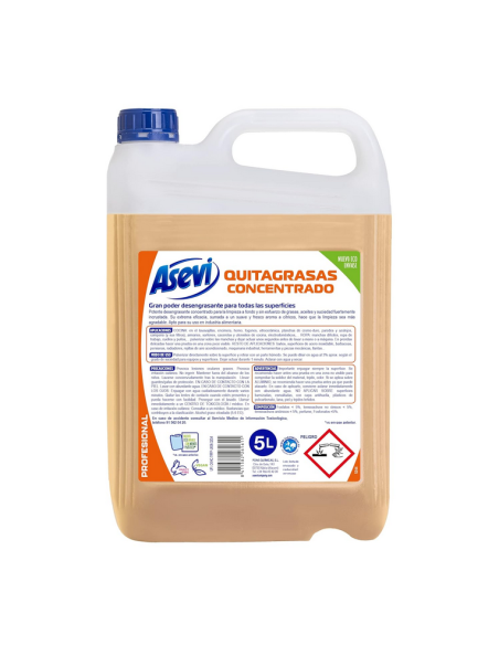 Garrafa de 5 litros de quitagrasas concentrado Asevi Profesional de color naranja suave con tapón azul.