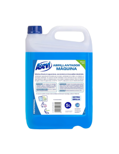 Garrafa de 5 litros de abrillantador para máquinas lavavajillas Asevi Profesional con líquido color azul brillante.