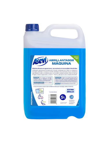 Garrafa de 5 litros de abrillantador para máquinas lavavajillas Asevi Profesional con líquido color azul brillante.