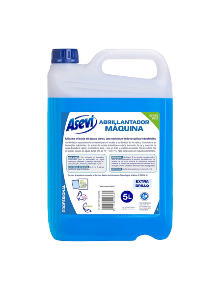Garrafa de 5 litros de abrillantador para máquinas lavavajillas Asevi Profesional con líquido color azul brillante.