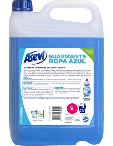 Garrafa de 5 litros de suavizante azul concentrado Asevi para ropa.