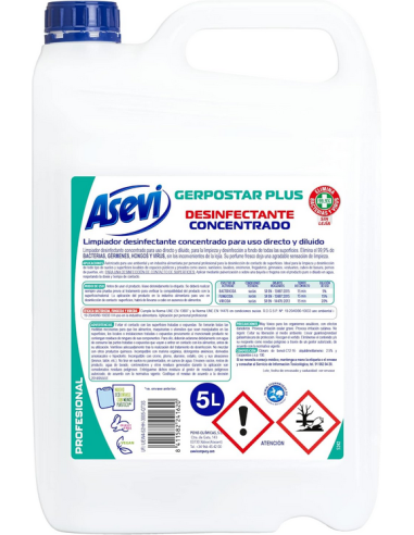 Garrafa de 5kg de desinfectante multisuperficies concentrado Asevi Gerpostar Plus