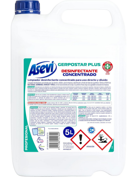 Garrafa de 5kg de desinfectante multisuperficies concentrado Asevi Gerpostar Plus
