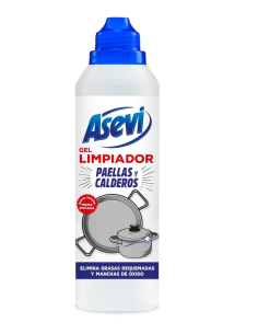 Vista frontal del envase de 450 ml de Asevi Gel Limpiador para paellas y calderos.