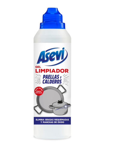 Vista frontal del envase de 450 ml de Asevi Gel Limpiador para paellas y calderos.