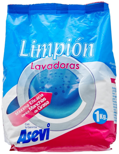Envase de 1kg de Asevi Limpión, aditivo potenciador de lavado desengrasante en bolsa azul y rosa.