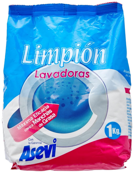 Envase de 1kg de Asevi Limpión, aditivo potenciador de lavado desengrasante en bolsa azul y rosa.