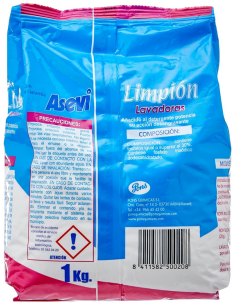 Envase de 1kg de Asevi Limpión, aditivo potenciador de lavado desengrasante en bolsa azul y rosa. 2