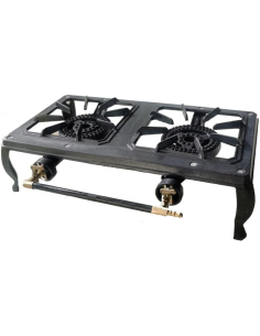 Quemador de alta potencia de 2 fuegos en hierro colado con patas y presión de trabajo de 30 mbar.