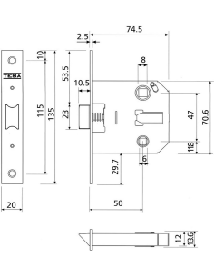 Picaporte unificado en acero niquelado con borde cuadrado 2