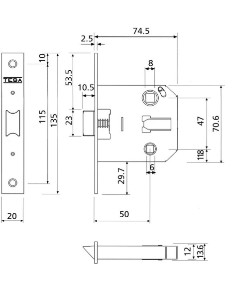 Picaporte unificado en acero niquelado con borde cuadrado
