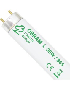 Detalle del extremo de un tubo fluorescente OSRAM Lumilux de 36W con marcaje de color de luz 865 y casquillo de dos pines G13