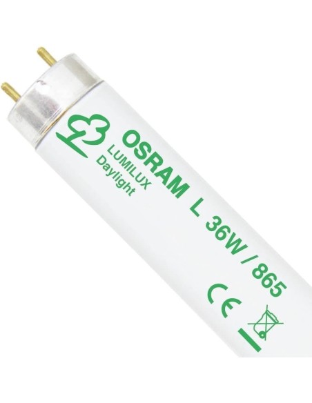 Detalle del extremo de un tubo fluorescente OSRAM Lumilux de 36W con marcaje de color de luz 865 y casquillo de dos pines G13