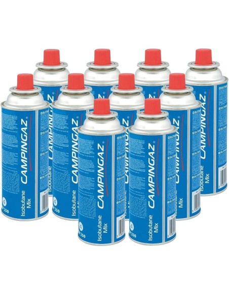 Pack de 10 cartuchos de gas Campingaz CP 250 con válvula de seguridad, ideal para camping y cocina portátil.