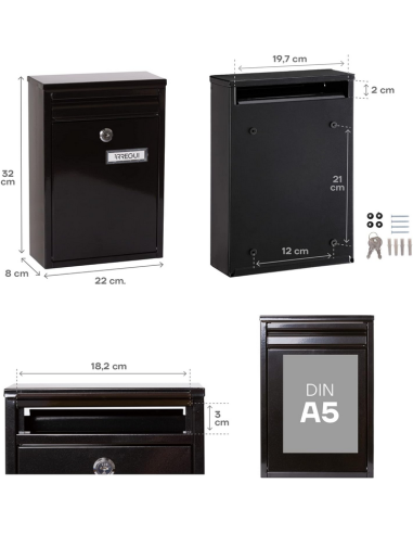 Arregui - Zaguán buzón exterior de pared tamaño DIN A5 color negro