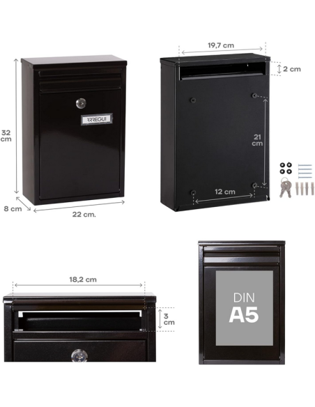 Arregui - Zaguán buzón exterior de pared tamaño DIN A5 color negro