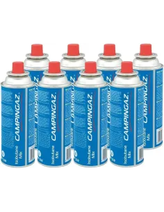 Pack de 8 cartuchos de gas CP 250 de Campingaz, mostrando los envases apilados