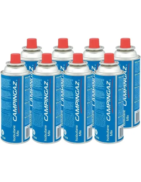 Pack de 8 cartuchos de gas CP 250 de Campingaz, mostrando los envases apilados
