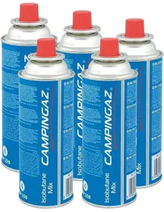 Cinco cartuchos de gas CP 250 de Campingaz apilados, destacando el formato de venta.