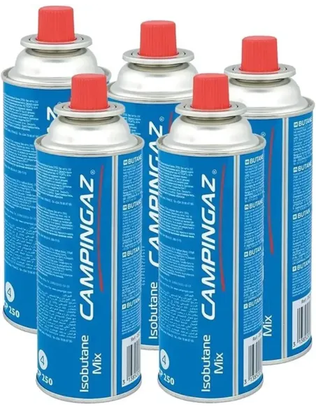 Cinco cartuchos de gas CP 250 de Campingaz apilados, destacando el formato de venta.