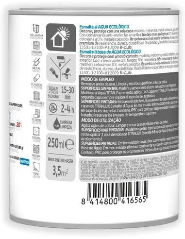 TITANLUX Esmalte Ecológico al Agua Blanco Satinado 250 ml