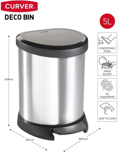 Cubo Basura CURVER Deco Pedal Gris Metálico 5 L
