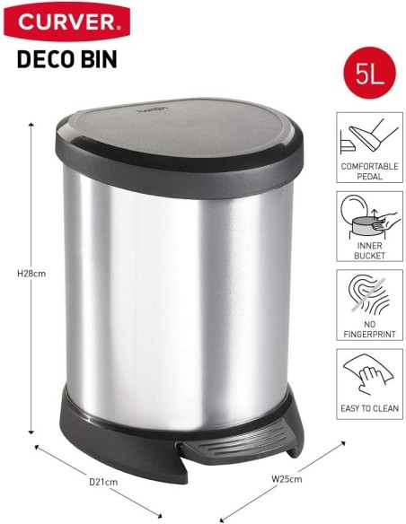 Cubo Basura CURVER Deco Pedal Gris Metálico 5 L