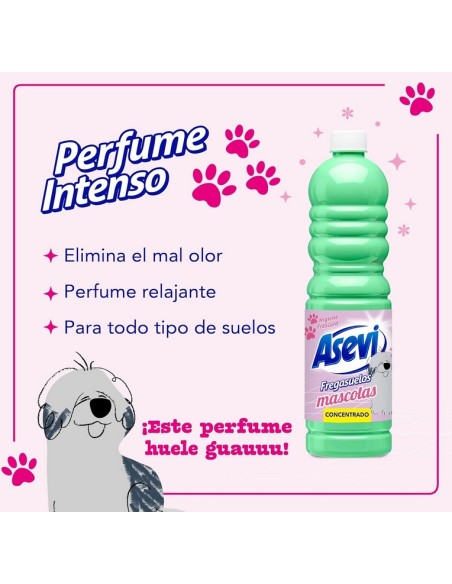 Primer plano de la etiqueta Asevi Mascotas resaltando su tecnología contra el mal olor y perfume relajante.