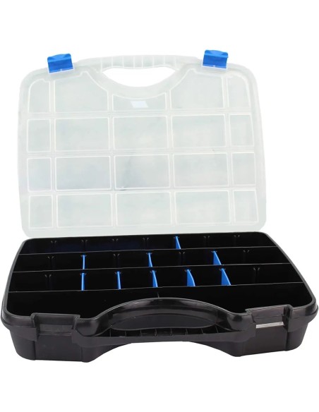 Estuche organizador Tayg 024559 abierto con separadores móviles azules y base negra para tornillería