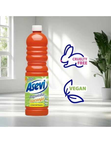 Gráfico que ilustra el uso de esencias naturales de naranja en la composición del fregasuelos Asevi.
