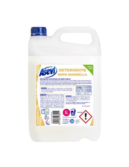 Garrafa de 5 litros de detergente líquido Asevi Profesional con jabón de Marsella y etiqueta de alta capacidad.