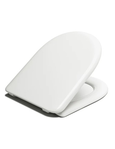 Tapa de inodoro blanca modelo Estoli Milos con asiento sutilmente abierto y sistema de bisagras de montaje inferior.