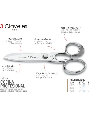 3 CLAVELES - Tijera cocina profesional acero inoxidable 8"