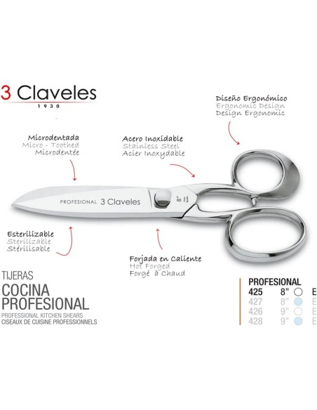 3 CLAVELES - Tijera cocina profesional acero inoxidable 8"