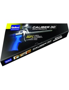 Pistola aplicadora profesional Quilosa Caliber 30 en su caja con gráfico que resalta el 30% de ahorro en espuma.