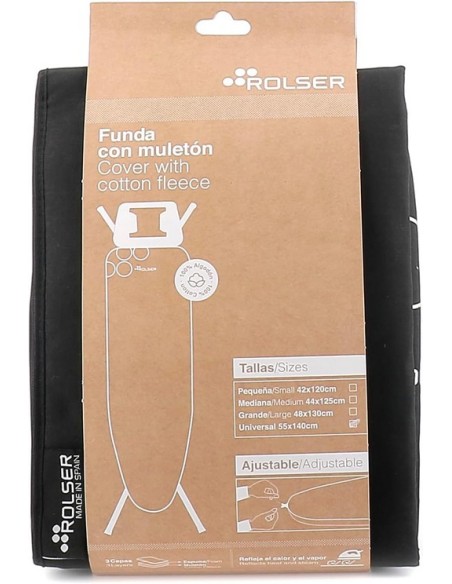 Rolser - Funda 100% Algodón para Tabla de Planchar-Talla Universal 140x55 cm-Negro