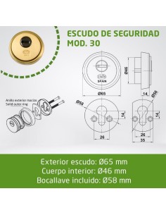 Amig - Escudo de seguridad Mod. 30 - Latón - Dorado - Anillo exterior macizo - Ø65 mm 2