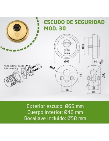 Amig - Escudo de seguridad Mod. 30 - Latón - Dorado - Anillo exterior macizo - Ø65 mm