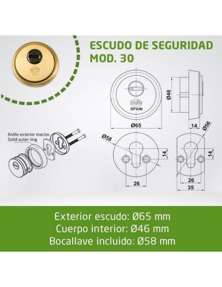 Amig - Escudo de seguridad Mod. 30 - Latón - Dorado - Anillo exterior macizo - Ø65 mm