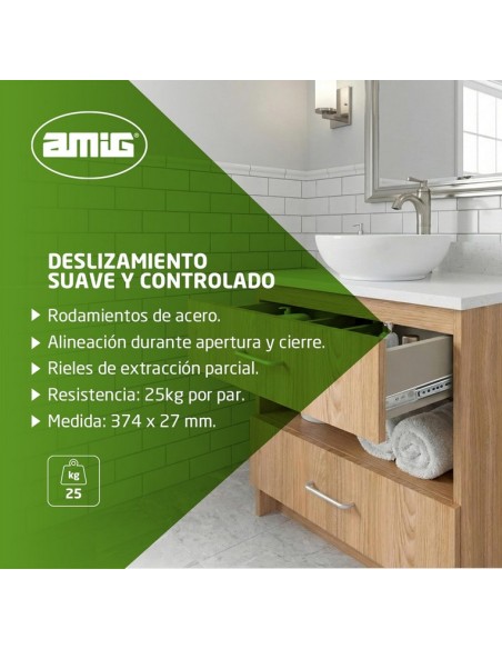 Amig - Juego de 2 Guías Correderas Metálicas Mod.26 Medidas: 374 x 27 mm