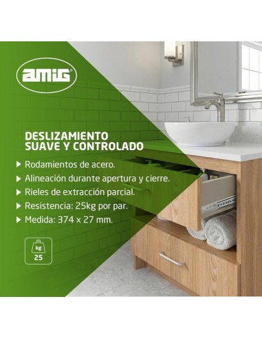 Amig - Juego de 2 Guías Correderas Metálicas Mod.26 Medidas:  438 x 27 mm