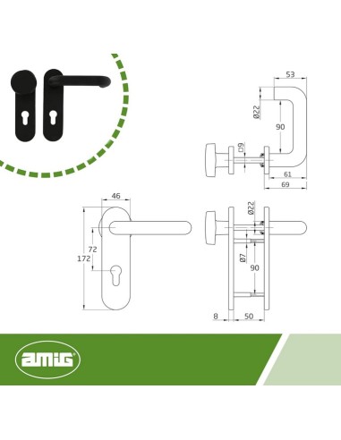 Amig – Manillas Puerta con Placa y Pomo Fijo Placa 172 x 46 mm - Cuadradillo 9 mm
