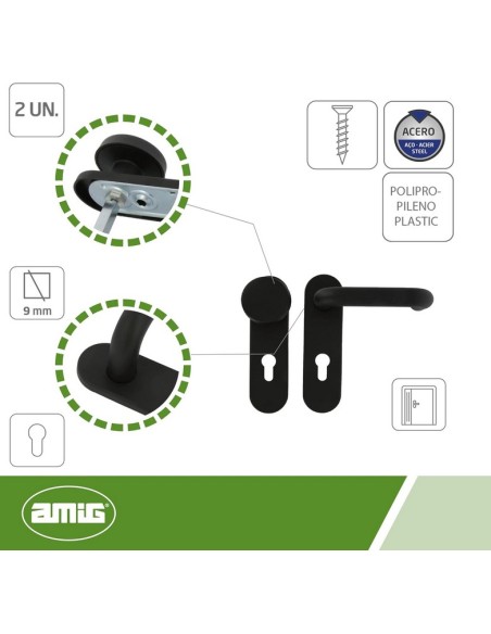 Amig – Manillas Puerta con Placa y Pomo Fijo Placa 172 x 46 mm - Cuadradillo 9 mm