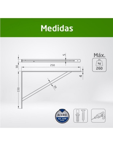 Amig - Palomilla para estanterías Escuadra metálica para baldas Medida: 250x150 mm