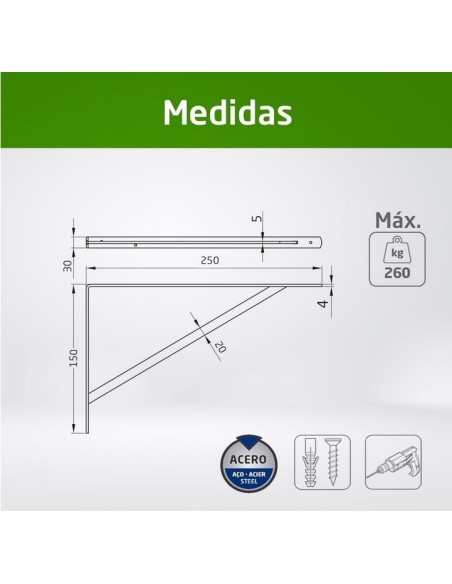 Amig - Palomilla para estanterías Escuadra metálica para baldas Medida: 250x150 mm