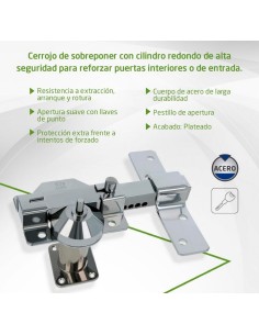 Amig - Cerrojo de Seguridad con Cilindro Redondo Cerradura de Sobreponer- Cilindro 50 mm - Plateado 2