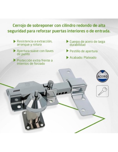 Amig - Cerrojo de Seguridad con Cilindro Redondo Cerradura de Sobreponer- Cilindro 50 mm - Plateado