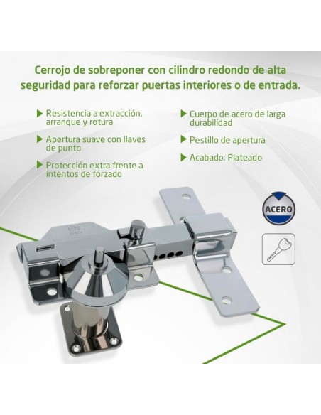 Amig - Cerrojo de Seguridad con Cilindro Redondo Cerradura de Sobreponer- Cilindro 50 mm - Plateado