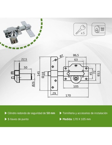 Amig - Cerrojo de Seguridad con Cilindro Redondo Cerradura de Sobreponer- Cilindro 50 mm - Plateado