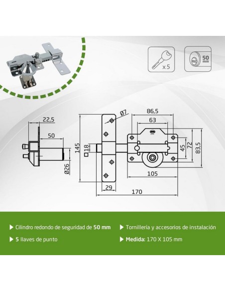 Amig - Cerrojo de Seguridad con Cilindro Redondo Cerradura de Sobreponer- Cilindro 50 mm - Plateado